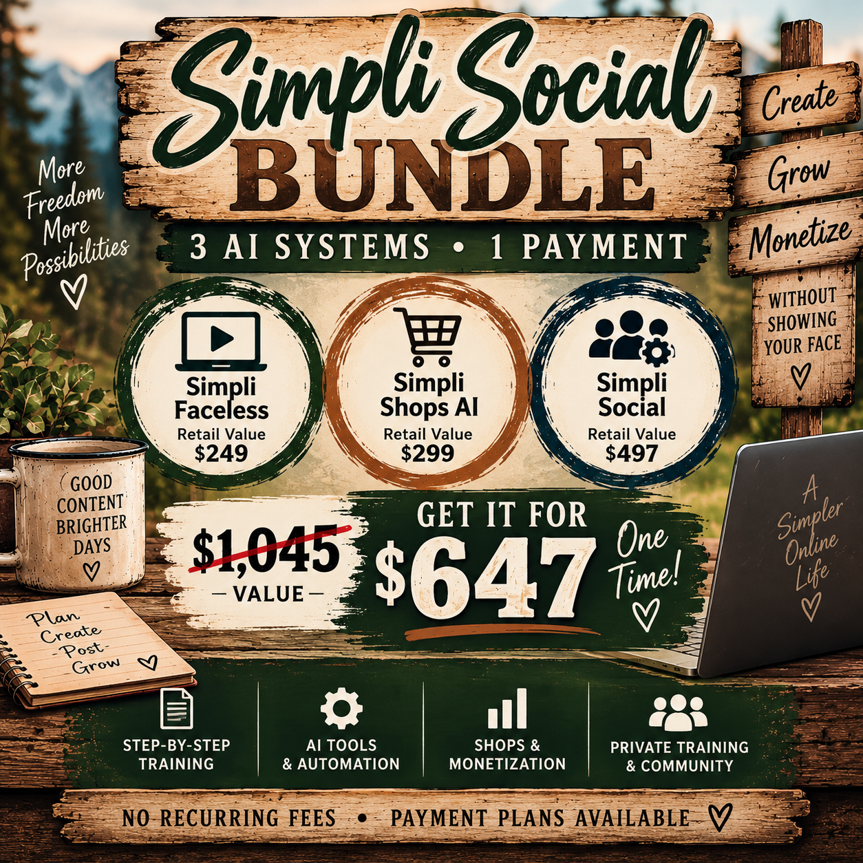 Simpli Social Bundle — three AI systems, one payment, no recurring fees